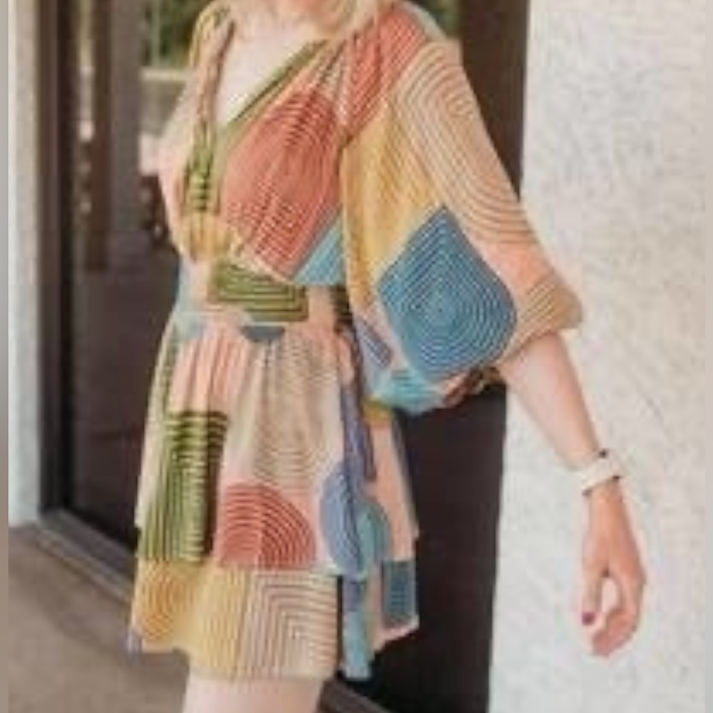 entro Multicolor Geometric V-Neck Romper in Blue, Green, Yellow, Coral